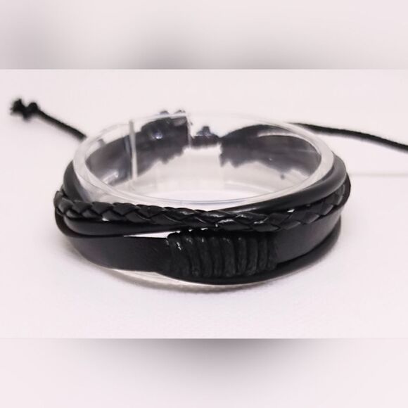 NEW leather bracelet braided layered black e23 - Picture 1 of 1